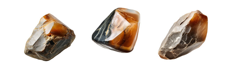 Aufkleber - Three isolated brown stones, one with black streaks and a smooth polished surface, displayed against a white background.
