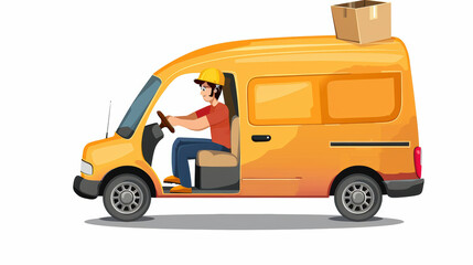 Delivery van illustration featuring driver in yellow vehicle, conveying sense of movement and efficiency. scene captures essence of logistics and transportation