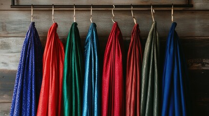 Poster - Vibrant dhotis in shades of red, blue, and green, neatly displayed on sleek hangers, photographed against a simple backdrop.