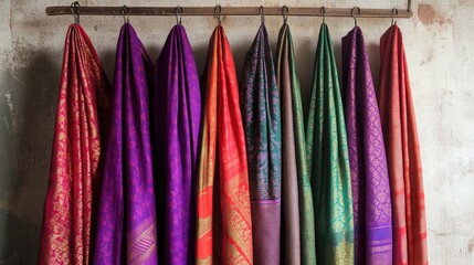 Poster - Vibrant dhotis in shades of red, purple, and green, hung elegantly on hangers, photographed against a simple backdrop.