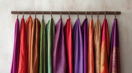 Poster - Vibrant dhotis in shades of red, purple, and green, hung elegantly on hangers, photographed against a simple backdrop.