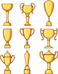 gold trophy set cartoon. victory champion, prize winner, honor accolade gold trophy sign. isolated symbol vector illustration