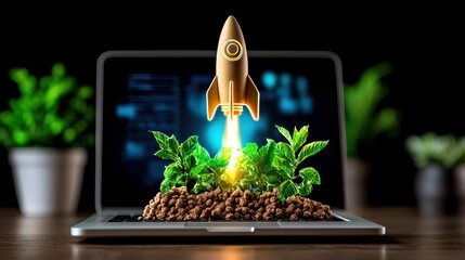 A creative illustration of a rocket launching from a laptop, symbolizing growth and innovation in technology and nature.