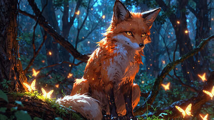 Mystical Anime Fox Spirit Standing in Enchanted Forest with Glowing Fireflies 