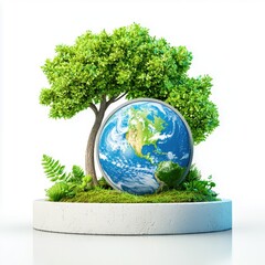 A vibrant tree beside a globe, symbolizing nature and sustainability on a white isolated background.