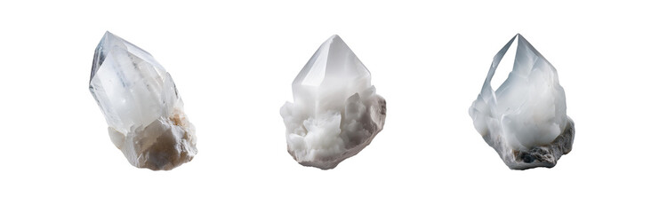 Aufkleber - Three isolated, white quartz crystals, with irregular, gray, natural bases.