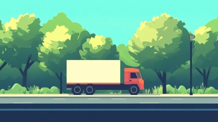 Poster - Minimalist scene with a vibrant truck among green trees, simple lines and colors, peaceful and uncluttered environment.