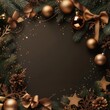 © Jane Bright - Christmas frame with bronze balls, branches and bows on a brown background with copy space