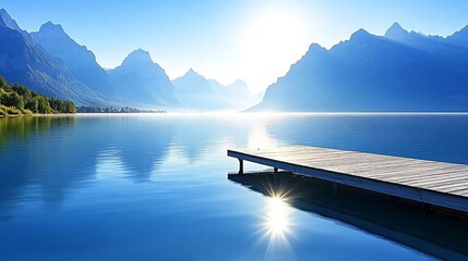 A wooden dock extends into a serene lake with a mountain range in the background and the sun reflecting off the water.