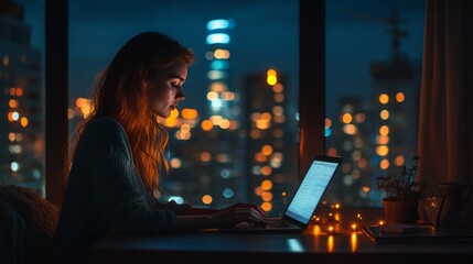 Poster - A woman is sitting at a desk with a laptop open in front of her