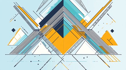 Wall Mural - Abstract geometric design with blue, yellow, and white shapes on a light blue background.