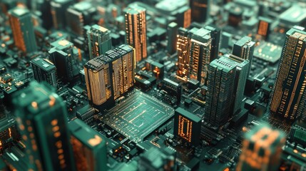 Poster - Futuristic Cityscape Rendered on a Circuit Board
