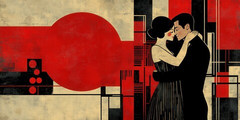 A stylish couple embraces closely while dancing, surrounded by a vibrant backdrop of geometric shapes in red and black. The artwork reflects a vintage aesthetic that captures the energy and elegance o