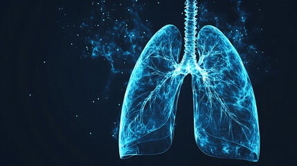 Poster - Abstract illustration of human lungs with glowing lines and particles.