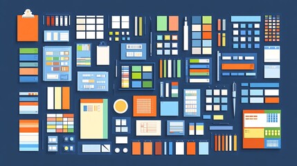 Collection of flat design elements for website and app development, including buttons, icons, layouts, and color palettes.