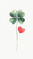 Watercolor painting of a four-leaf clover with a red heart, symbolizing love, luck, and happiness, perfect for st. Patrick's or valentine's day designs