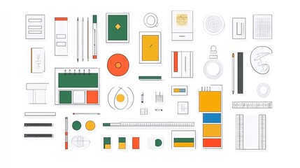 Flat lay of various office supplies and design elements on white background.