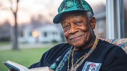 elderly man smiling in casual attire relaxing with a book outdoors