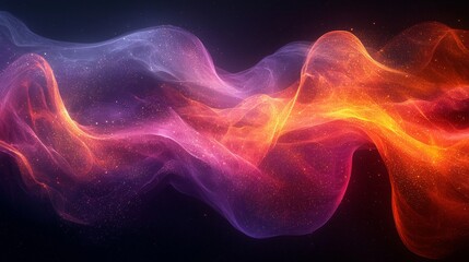 Poster - Captivating colorful particles flow in abstract wave against dark backdrop, evoking power and magic. Swirling red, orange, purple, blue, and pink hues create cosmic design