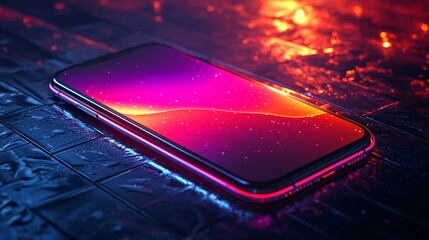 Poster - Modern smartphone with a large screen is illuminated and displaying vibrant colors while resting on a dark textured surface