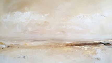 Poster - Minimalist abstract landscape painting depicting a serene and tranquil scene with soft beige and gold tones, creating a sense of peace and harmony