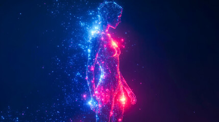 Poster - A digital figure sparkles in vibrant blues and pinks, embodying a cosmic theme that blends technology with the ethereal universe.