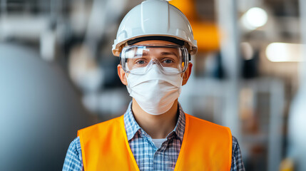 Male industrial worker wearing a hard hat, protective glasses, and face mask. Standing confidently in a factory environment, ensuring workplace safety and compliance.