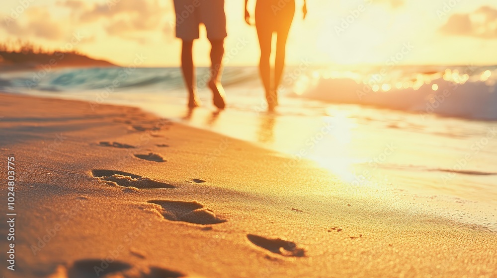 Couple walking barefoot on the beach at sunset, leaving footprints in ...