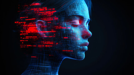 Poster - A female silhouette enveloped in a digital matrix, with blue and red streaks, symbolizing the fusion of technology and humanity.