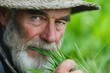 © Mykola - Senior Farmer. Thoughtful elderly man with grey beard chewing grass in rustic country setting