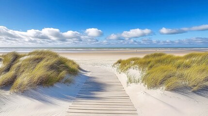 Wall Mural - wooden boardwalk leading to a pristine sandy beach with blue sky and white clouds.