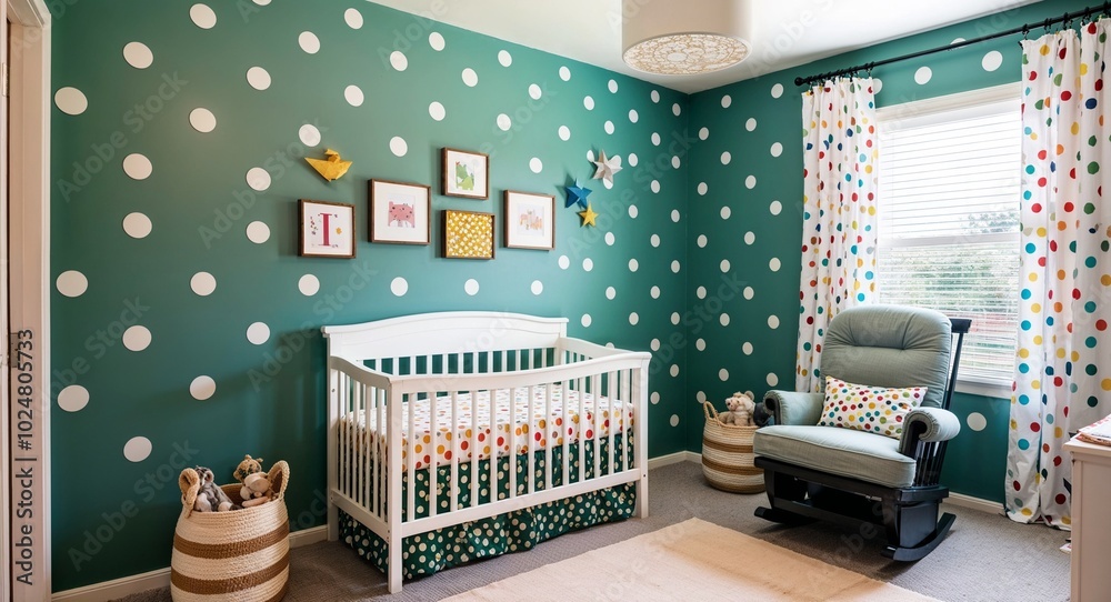 Cute nursery with polka dot walls a crib with playful patterns and a ...