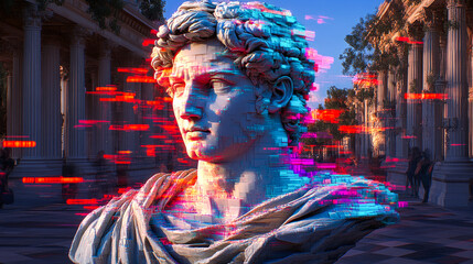 A vibrant bust rendered with colorful pixelated patterns, merging the classical art form with modern digital creativity.