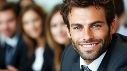 Poster - Business executive leading a discussion in a bright and professional boardroom Stock Photo with side copy space