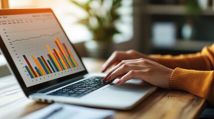 Poster - Focused worker analyzing financial reports on a laptop in a bright office environment Stock Photo with side copy space