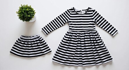 Large black and white striped dress for kid girls with fitted waist on plain white background