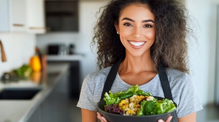 Wall Mural - Portrait of Happy Woman Holding a Bowl of Salad, Healthy Eating and Vegetarian Food Concept