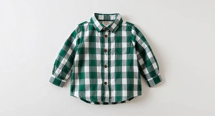 Wall Mural - Large green plaid shirt for kid boys with button closure on plain white background