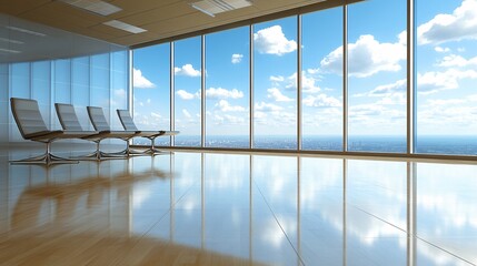 Aufkleber - Team reviewing business plans in a bright and open meeting room with large windows Stock Photo with side copy space