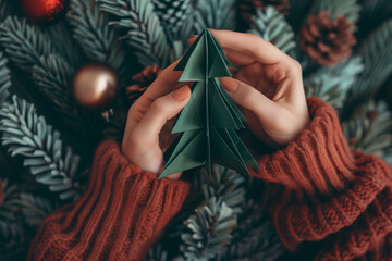 Wall Mural - Making origami Christmas tree from green paper. Top down view, woman hands, wool sweater. Generative AI tools