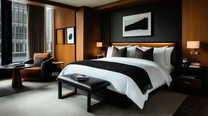 Poster - Modern hotel room with a luxurious king-size bed, contemporary decor, and a seating area by the window with city view