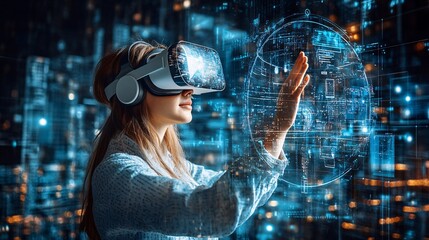 Poster - Office staff using virtual reality technology to visualize data and concepts Stock Photo with side copy space