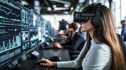 Poster - Business professionals interacting with a virtual reality headset and data analytics tools Stock Photo with side copy space