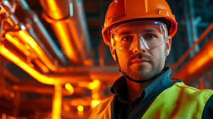 A focused worker wearing a safety helmet and goggles in an industrial setting, surrounded by pipes and equipment, showcasing professionalism and attention to safety.