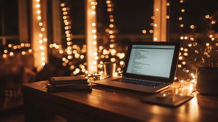 Poster - Person working late at home with a laptop and notebooks scattered on a wooden desk Stock Photo with side copy space