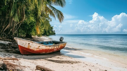 Wall Mural - A fishing boat docked on a tropical beach, with open space for text in the sky