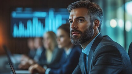 Poster - A man with a beard and a suit is sitting in a room with other people