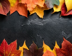 colorful autumn leaves double border over a dark stone banner background above view with copy space