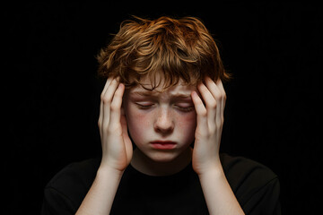 Portrait of a freckled caucasian teenage boy with closed eyes, holding his head in distress against a black background