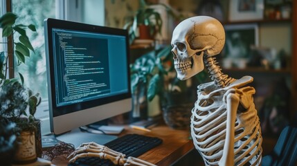 Poster - A skeleton is sitting in front of a computer monitor